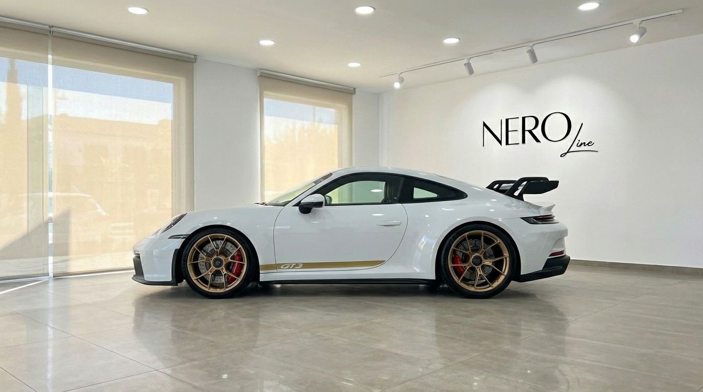 The white Porsche 911 GT3 992 is showcased in a side profile view inside a showroom in Marbella, highlighting its gold wheels and rear spoiler.
