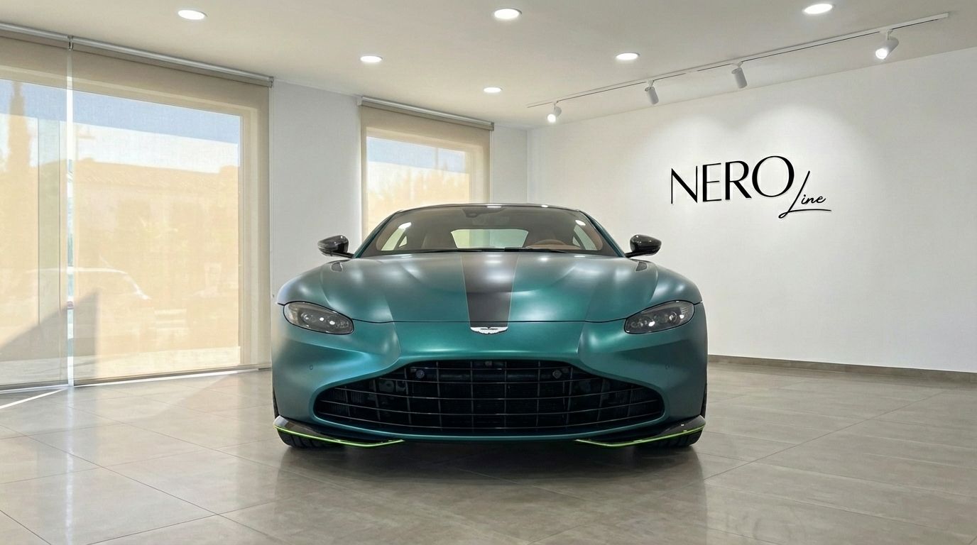 The 2024 Aston Martin Vantage F1 Spec in metallic green, featuring a black racing stripe, is shown from the front in Alicante.