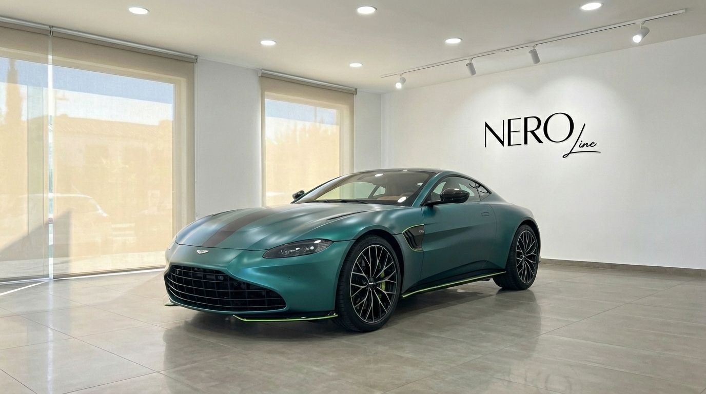 The metallic green 2024 Aston Martin Vantage F1 Spec is parked indoors, showcasing its sleek front three-quarter view in Alicante.