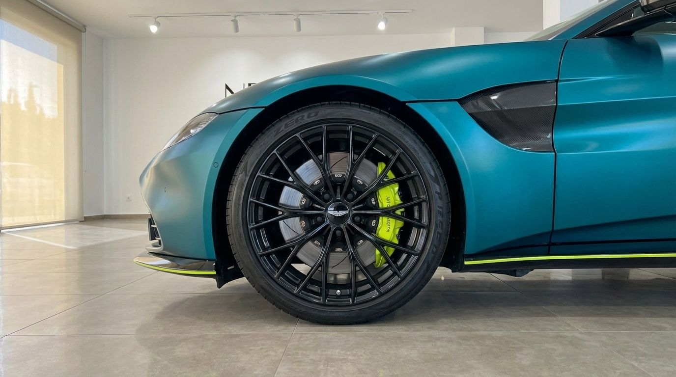 The Aston Martin Vantage F1 Spec in metallic green, showcasing its black multi-spoke front wheel with vibrant neon yellow brake calipers in Alicante.