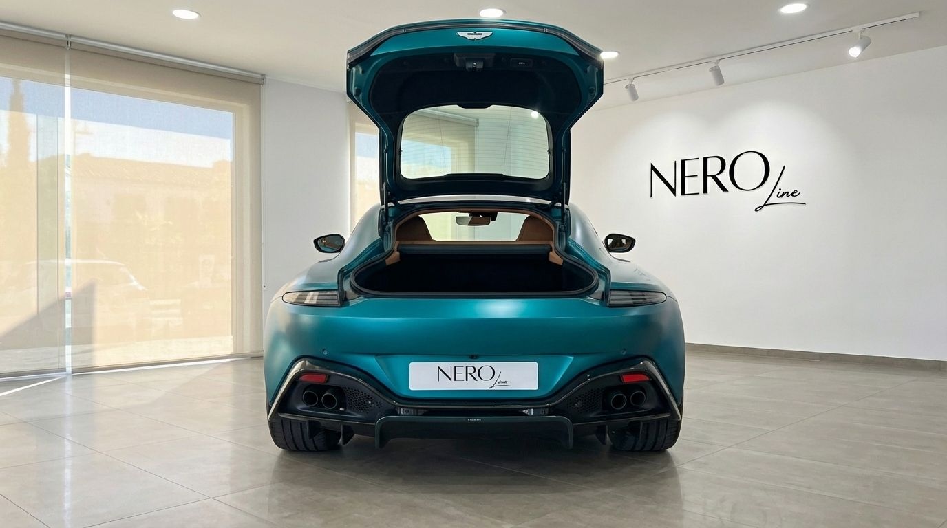 The rear view of the metallic green Aston Martin Vantage F1 Spec in Alicante, with its trunk open, showcasing the elegant interior.