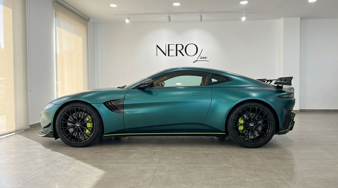 The metallic green 2024 Aston Martin Vantage F1 Spec is showcased in a side profile view inside a showroom in Alicante.
