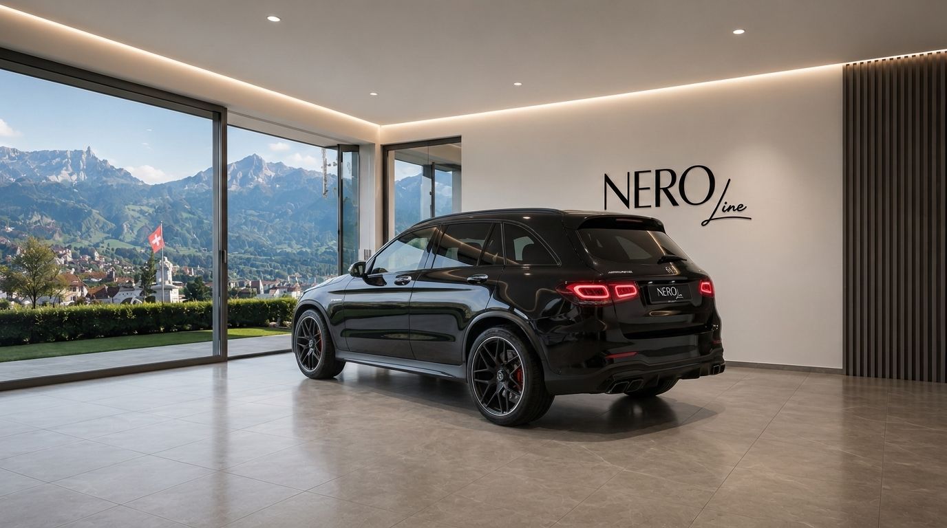 The black Mercedes-Benz GLC 63 AMG is parked indoors, showcasing its rear three-quarter view with Zurich's mountains in the background.