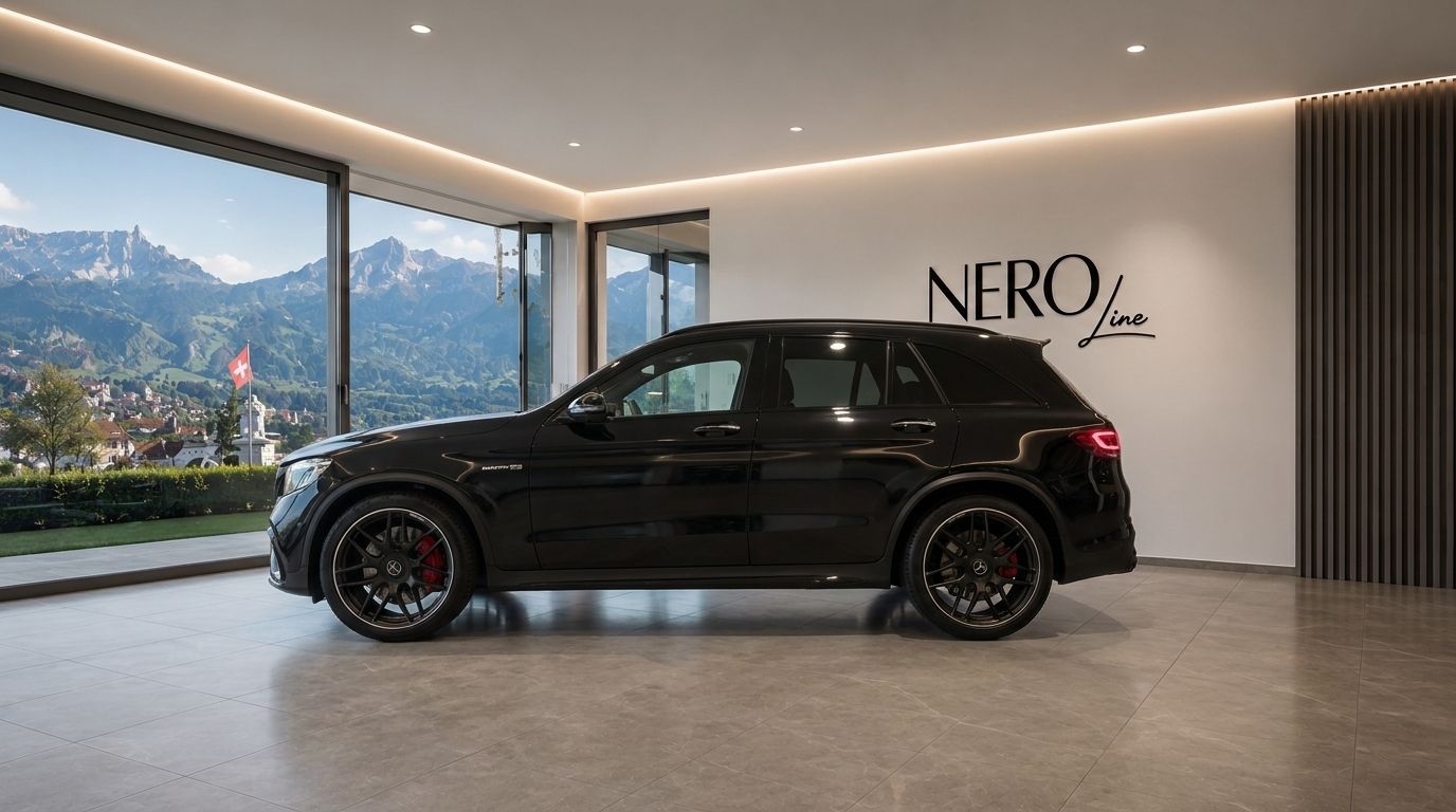 The black Mercedes-Benz GLC 63 AMG is showcased in a luxury showroom with a panoramic view of the mountains in Zurich.
