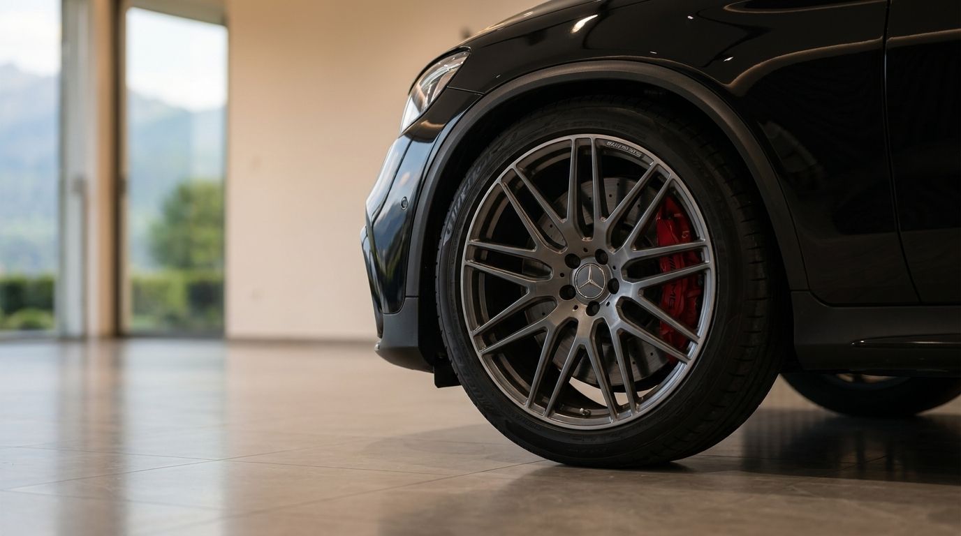 The Mercedes-Benz GLC 63 AMG's front wheel with grey multi-spoke rims and red brake caliper in Zurich.