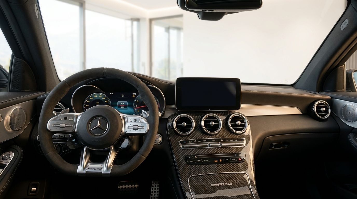 The luxurious interior of the Mercedes-Benz GLC 63 AMG, featuring the steering wheel, dashboard, and infotainment screen in Zurich.