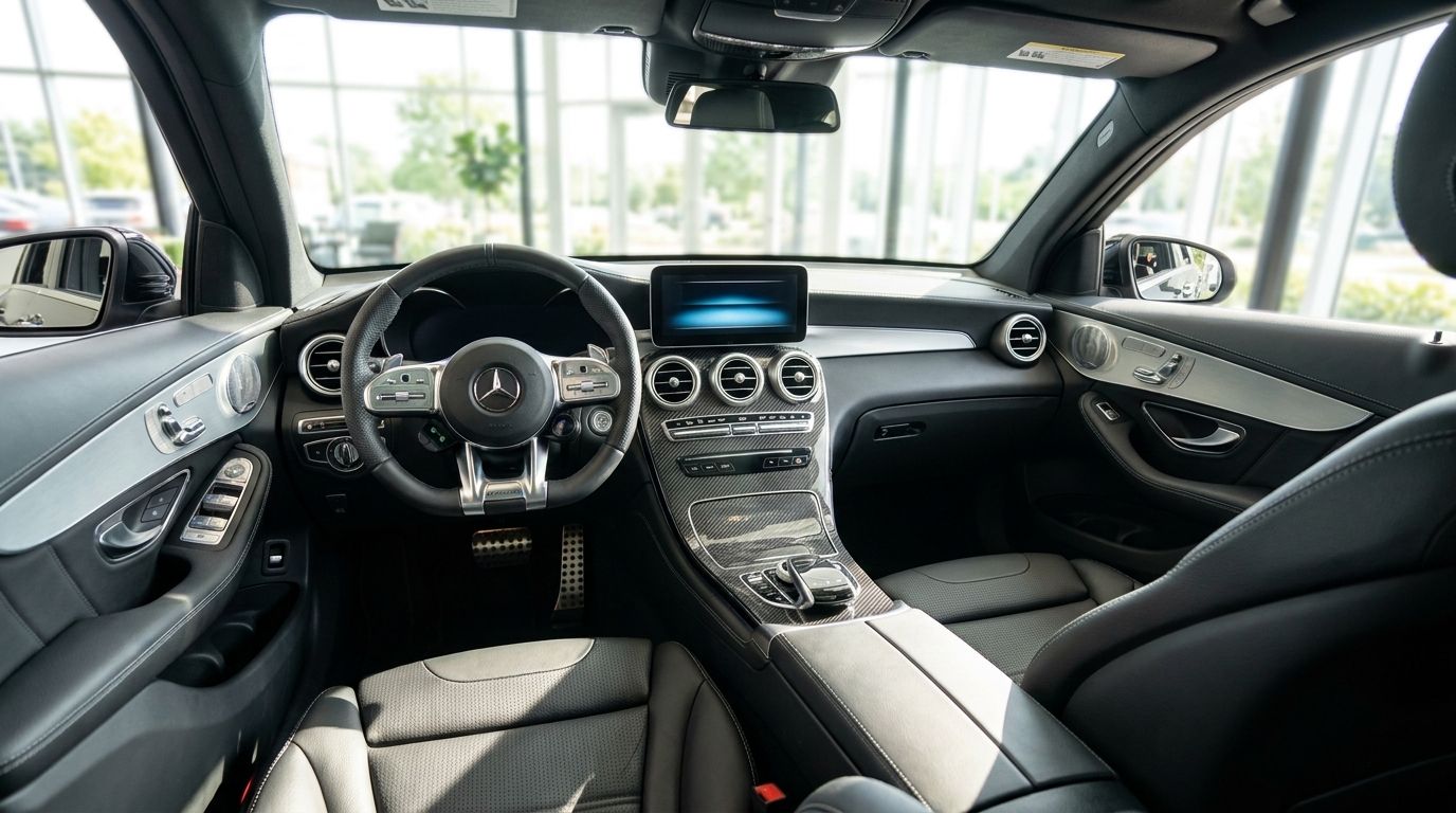 The luxurious interior cockpit of the Mercedes-Benz GLC 63 AMG, featuring a steering wheel, dashboard, and black leather seats, seen in Zurich.