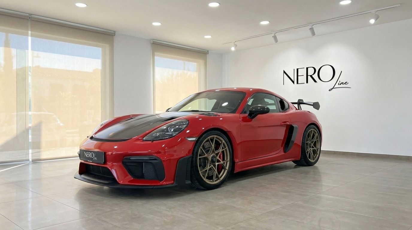 A striking red Porsche 718 Cayman GT4 RS 2026 is showcased in a modern Alicante showroom, featuring its aggressive front and gold wheels.