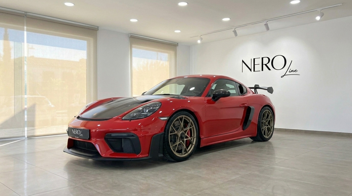 Porsche 718 Cayman GT4 RS – Showroom Alicante Une Porsche 718 Cayman GT4 RS 2026 rouge éclatante est exposée dans un showroom moderne à Alicante, mettant en valeur son avant agressif et ses jantes dorées.