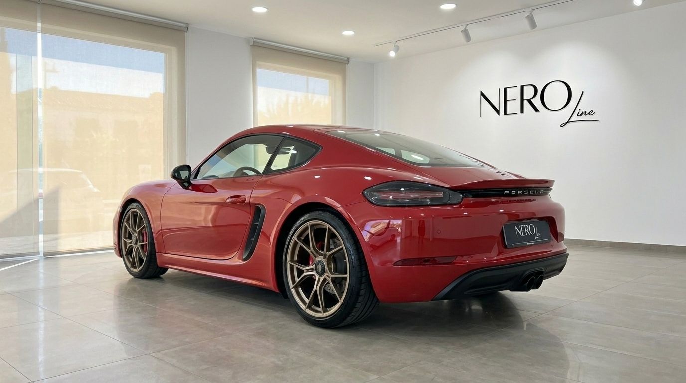 Porsche 718 Cayman GT4 RS rouge garée dans un showroom, vue de l'angle arrière trois quarts à Alicante.
