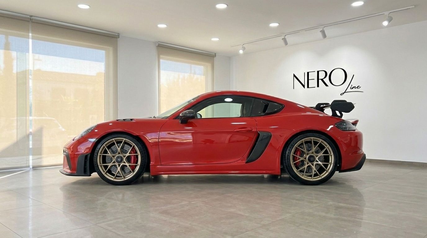 Une Porsche 718 Cayman GT4 RS rouge vif est présentée de profil dans un showroom moderne à Alicante, avec des jantes dorées et un grand aileron arrière.