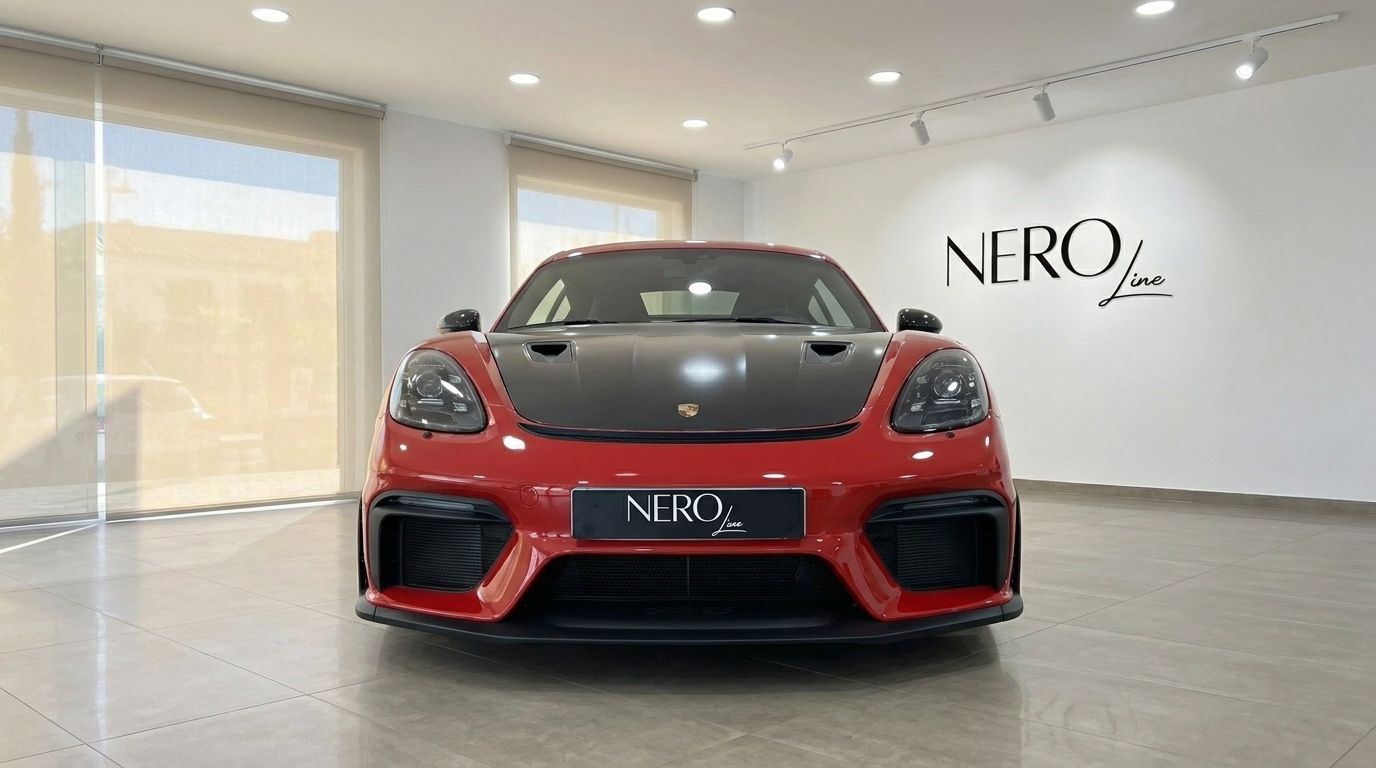 Vue avant de la Porsche 718 Cayman GT4 RS rouge et noire dans un showroom à Alicante, soulignant son design agressif.