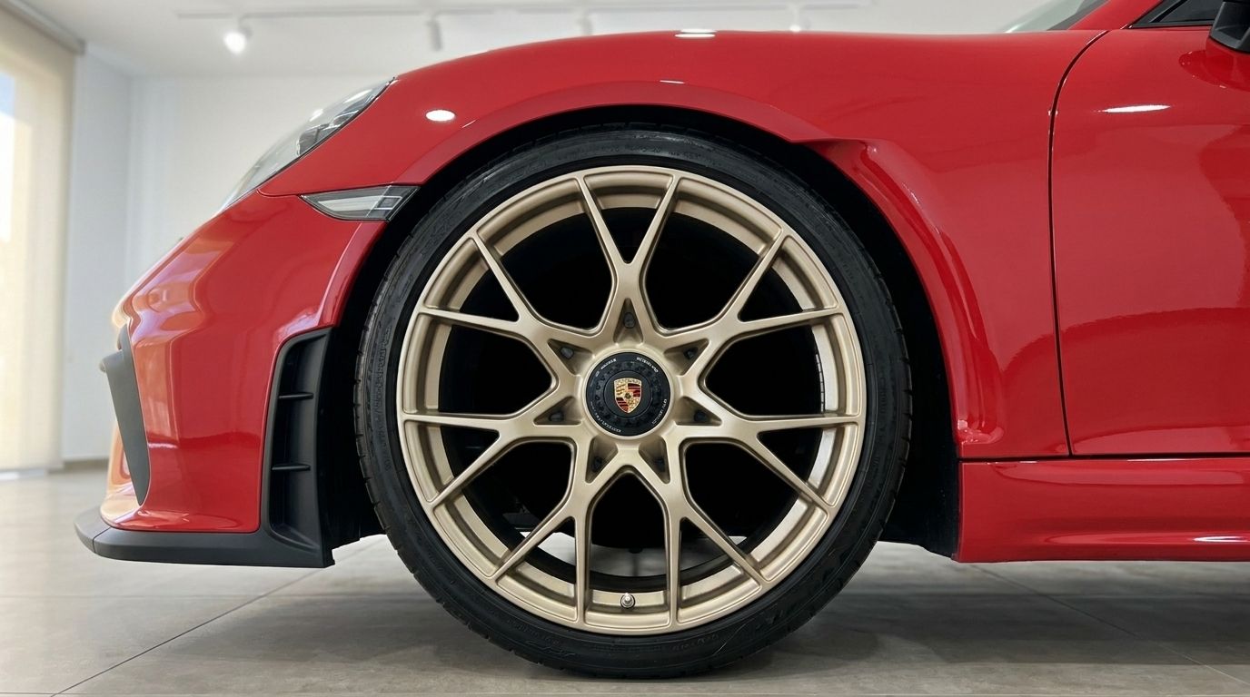 Roue avant rouge de la Porsche 718 Cayman GT4 RS avec jante multibranche dorée et aile à Alicante.
