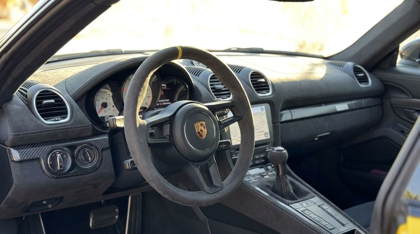 L'intérieur luxueux de la Porsche 718 Cayman GT4 RS à Alicante, avec son volant et tableau de bord en Alcantara.