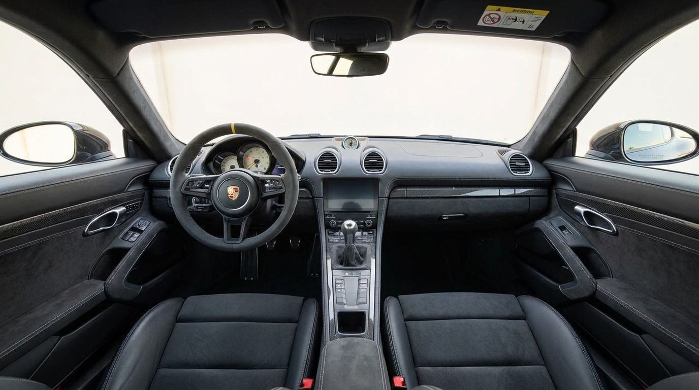 L'intérieur noir luxueux et le tableau de bord de la Porsche 718 Cayman GT4 RS à Alicante, avec volant sportif et console centrale.