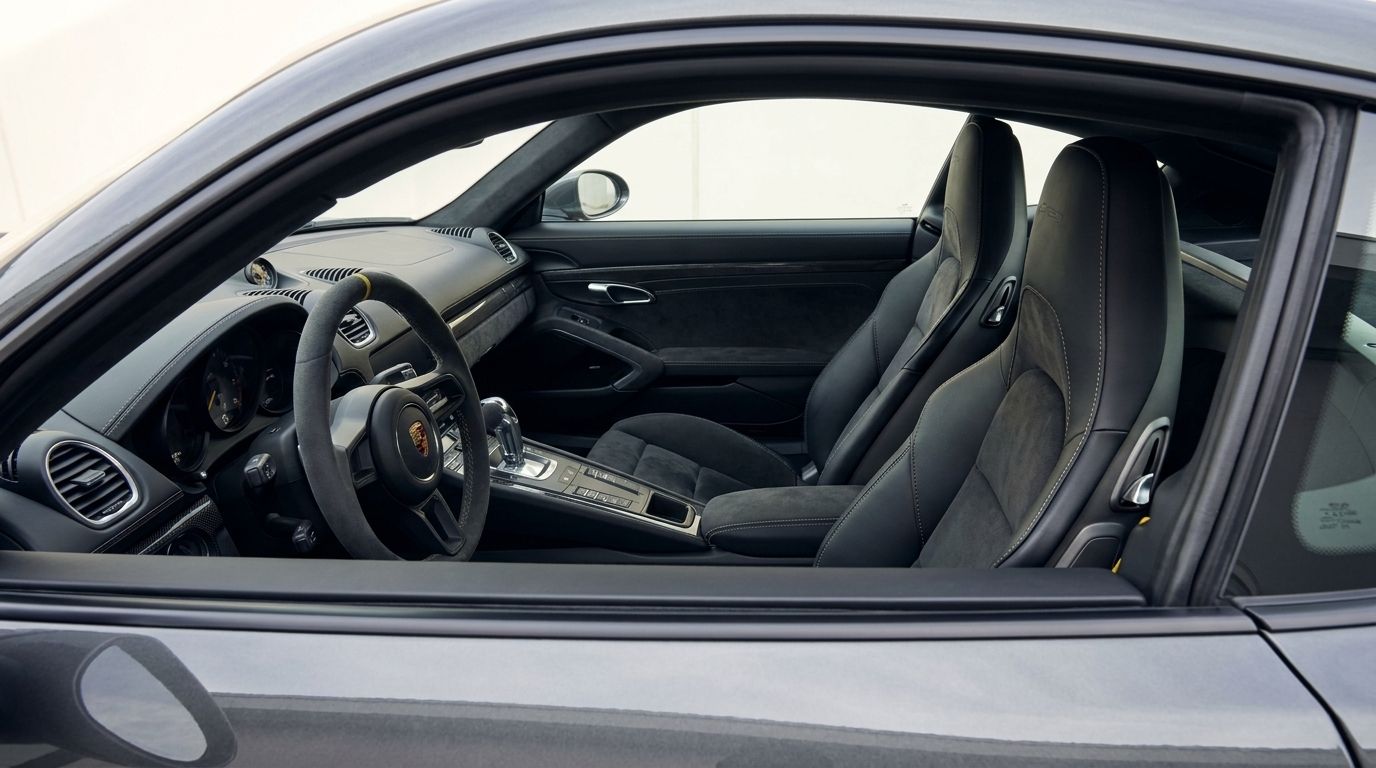 L'intérieur noir luxueux et le cockpit de la Porsche 718 Cayman GT4 RS à Alicante, avec le volant et les sièges sport.