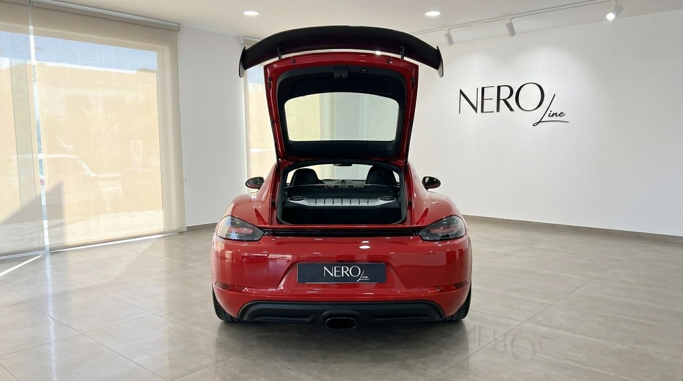 Vue arrière de la Porsche 718 Cayman GT4 RS rouge avec son coffre ouvert, présentant son espace à Alicante.