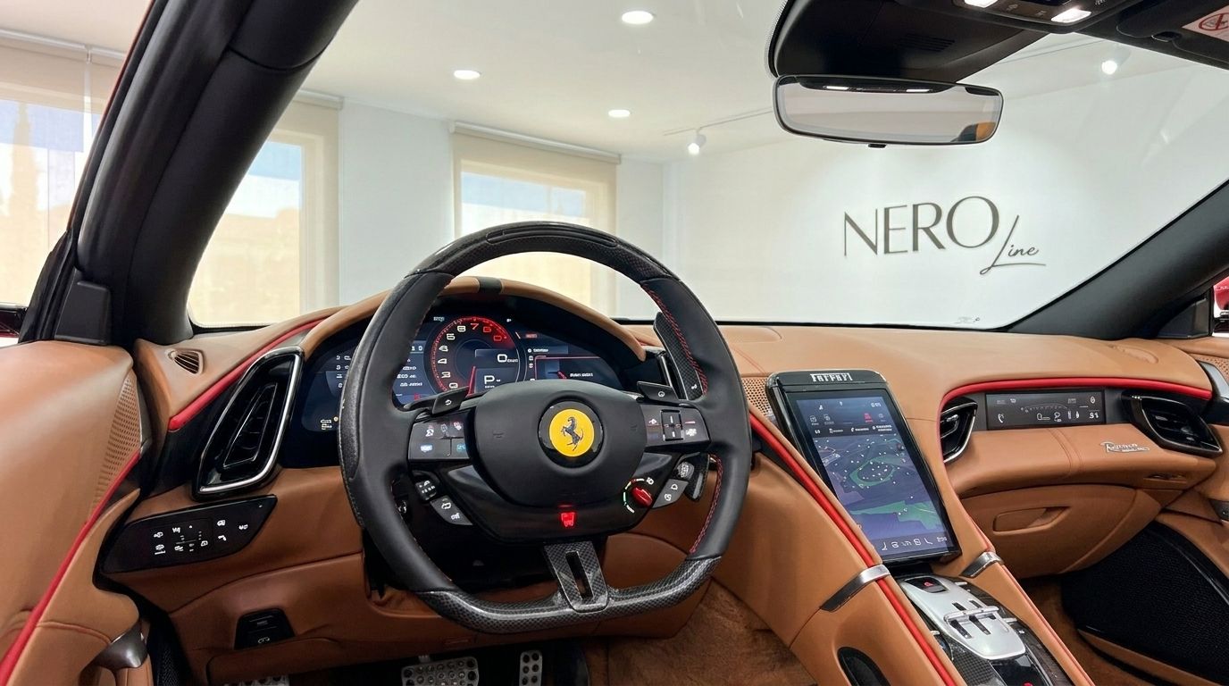 The luxurious tan leather interior of the Ferrari Roma Spider, showcasing the steering wheel, digital dashboard, and central touchscreen in Barcelona.