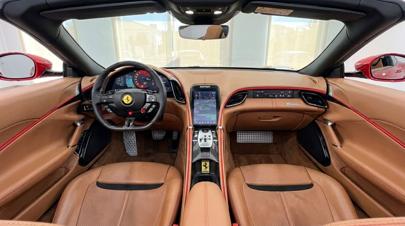 Luxurious tan leather interior of the Ferrari Roma Spider in Barcelona, showing the steering wheel, digital displays, and center console.
