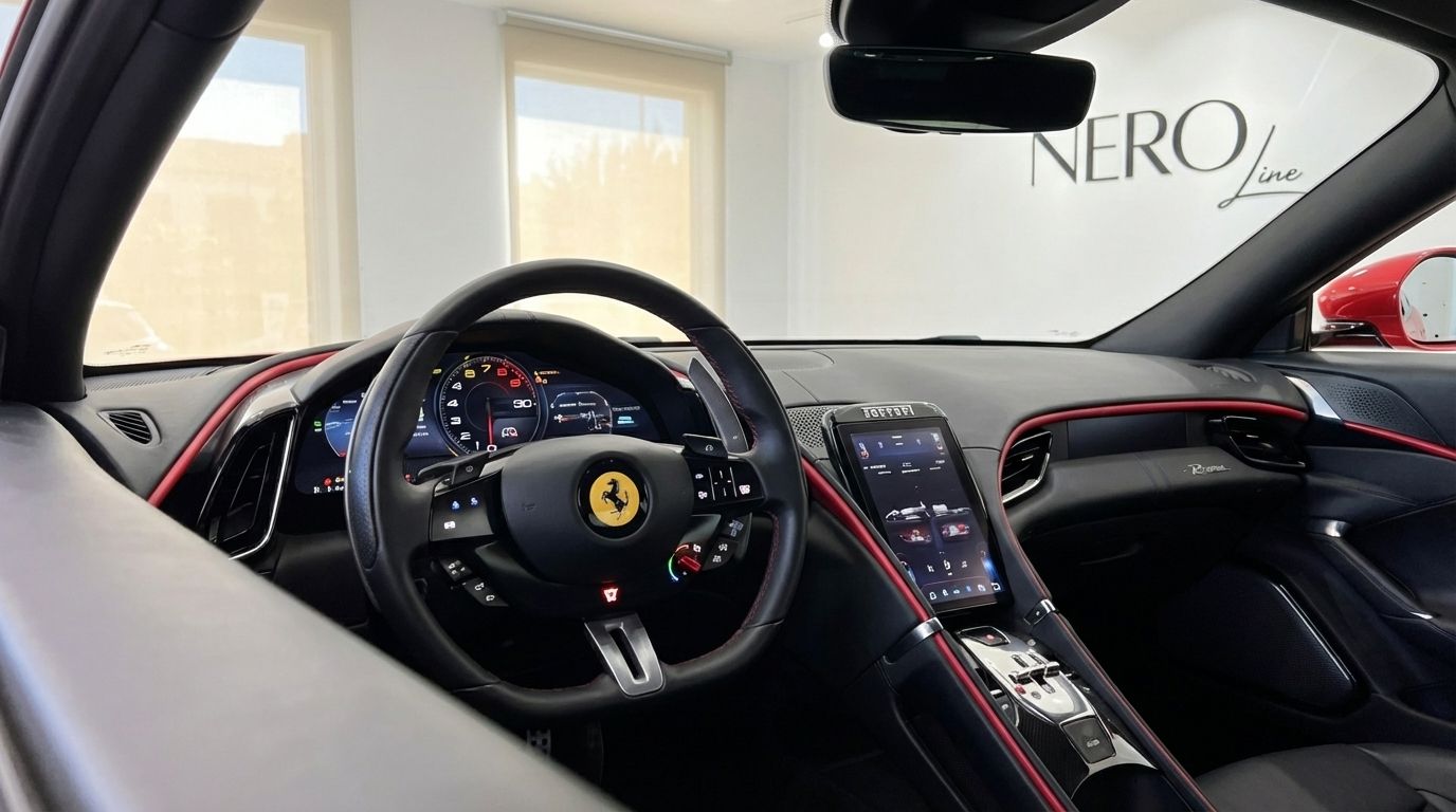 The luxurious interior of the Ferrari Roma in Barcelona, showcasing the steering wheel, digital dashboard, and central infotainment screen with elegant red trim.