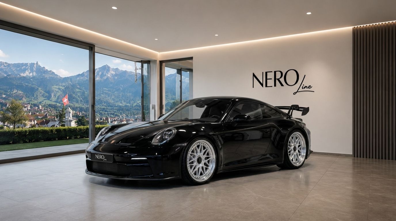 A sleek black Porsche 911 992 GT3 is parked in a modern showroom with a stunning mountain view of Zurich.