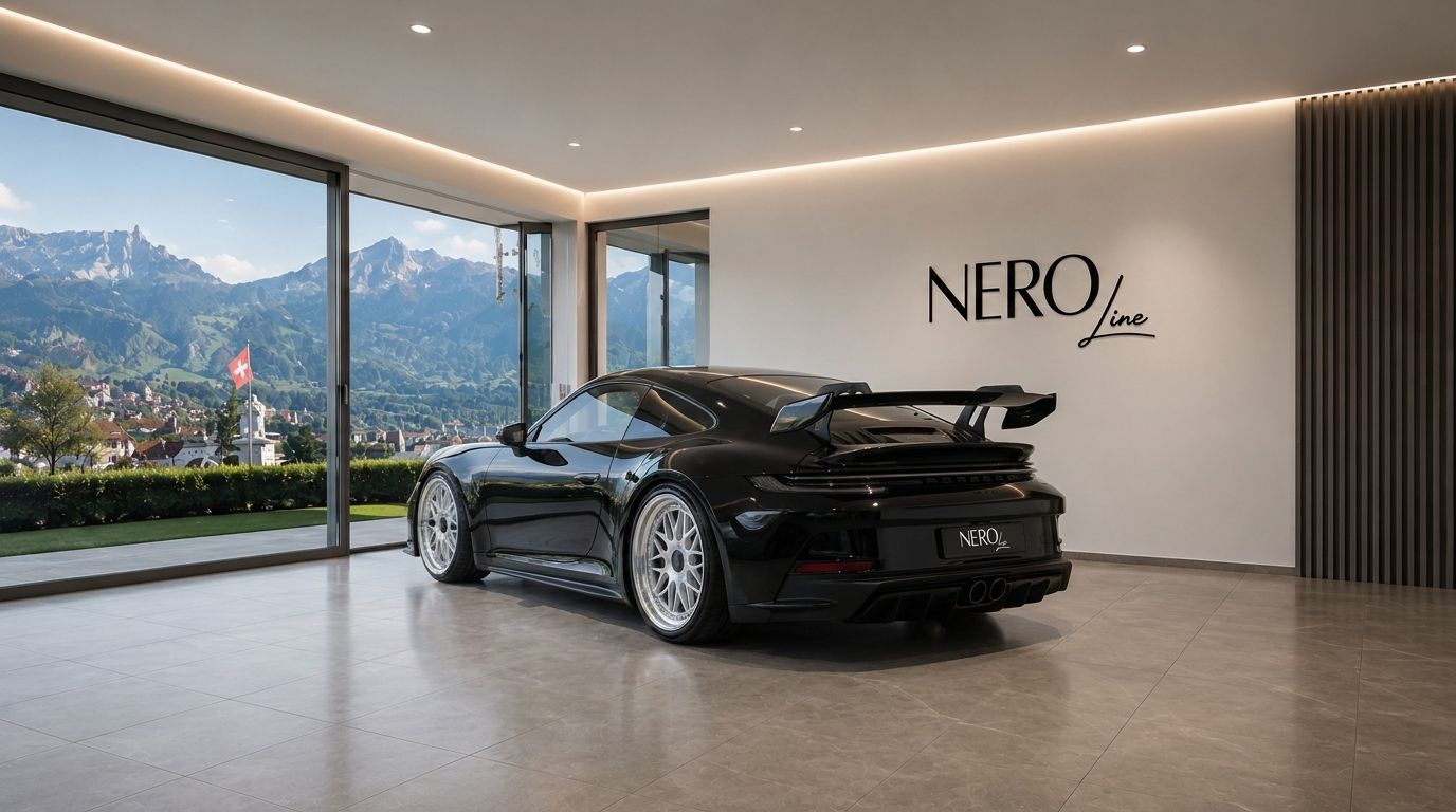 The black Porsche 911 992 GT3 is parked in a showroom, showcasing its rear three-quarter view with Zurich mountains in the background.