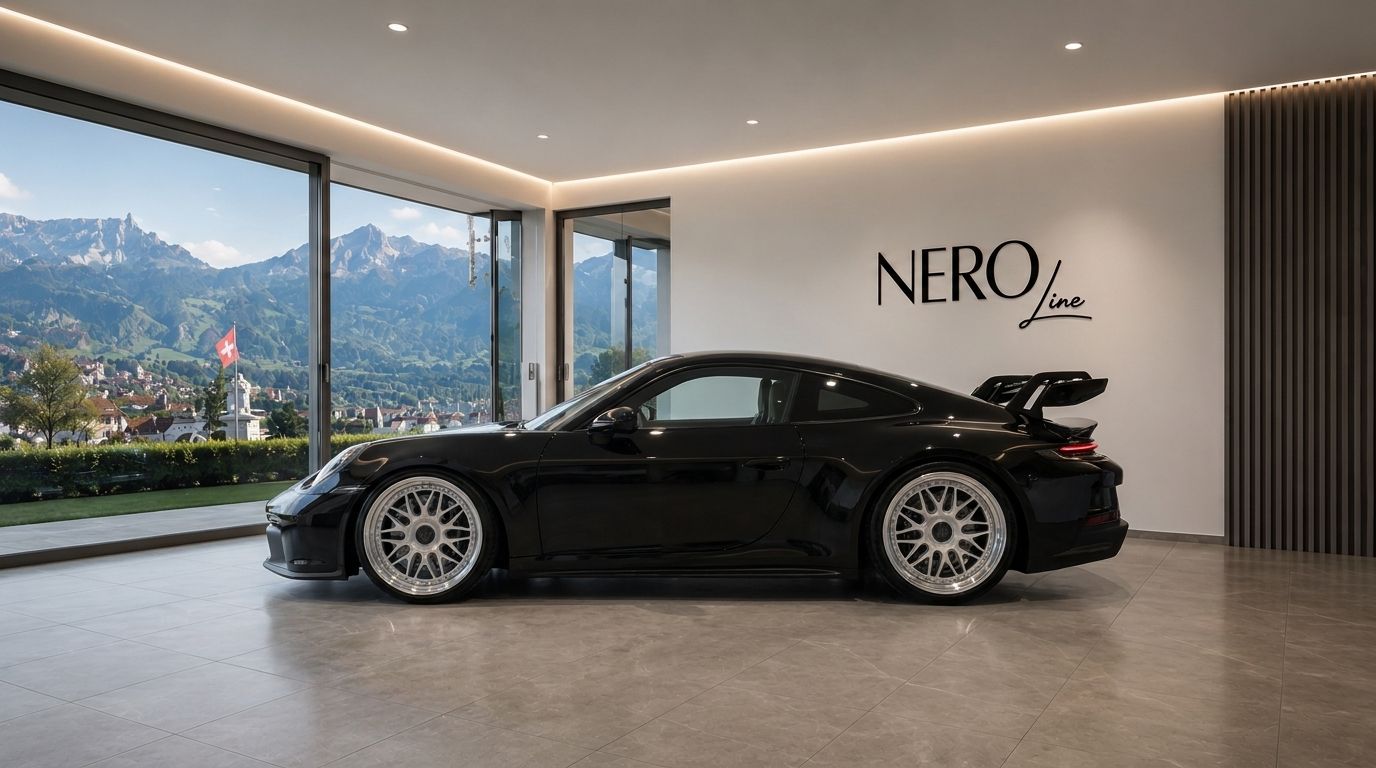 A black Porsche 911 992 GT3 is parked in a modern showroom with large windows overlooking the mountains near Zurich.