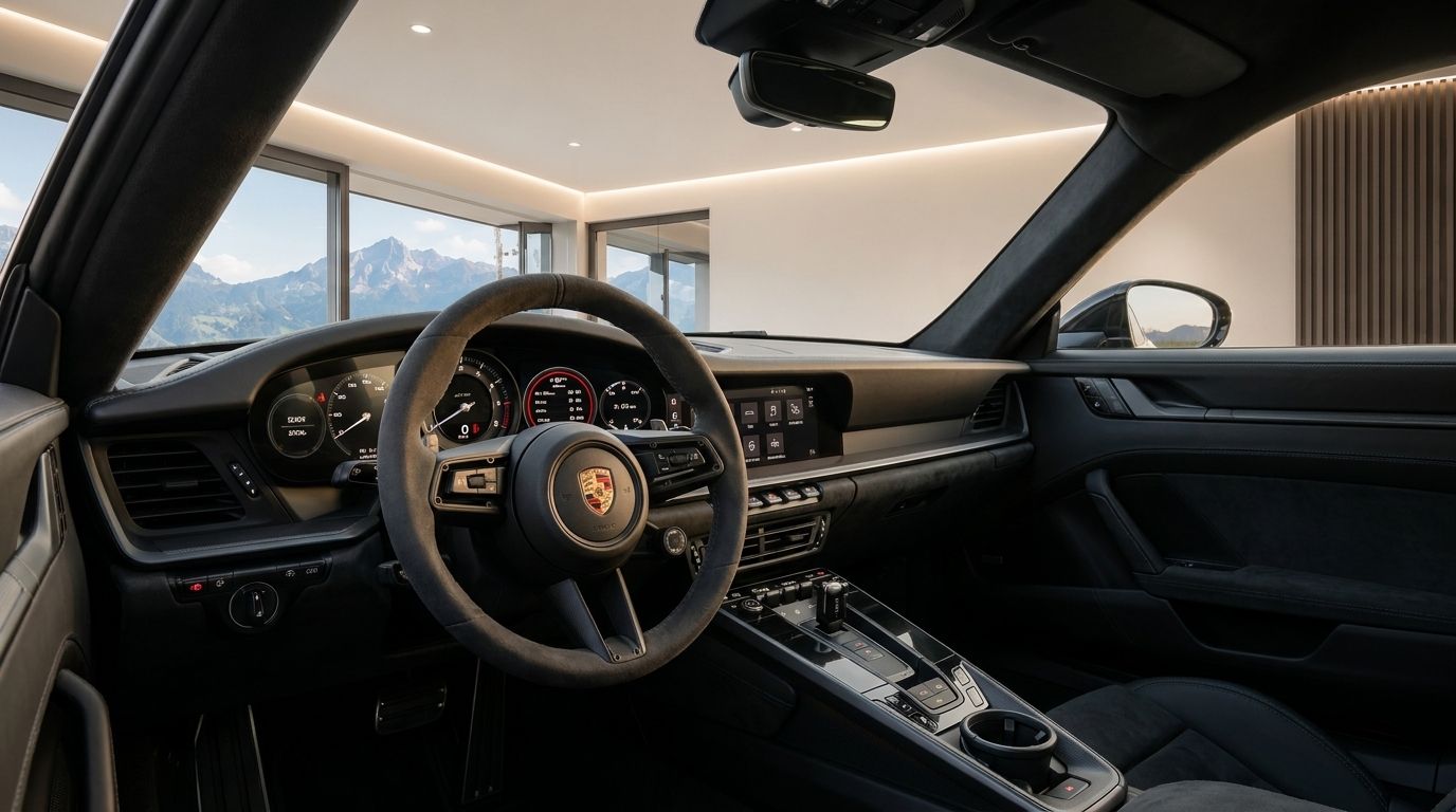 The Porsche 911 992 GT3 cockpit features a suede steering wheel and digital dashboard, with Swiss mountains visible outside Zurich.