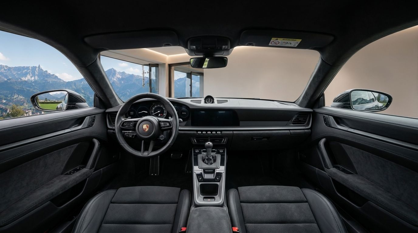The luxurious black interior of the Porsche 911 992 GT3, featuring the steering wheel, dashboard, and seats, with scenic Zurich mountains visible through the windows.