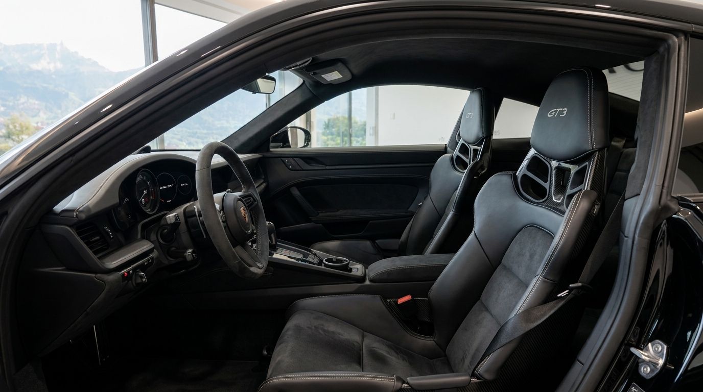 The luxurious black interior of the Porsche 911 992 GT3, featuring the steering wheel, dashboard, and GT3 bucket seats, with a view of Zurich's mountains.