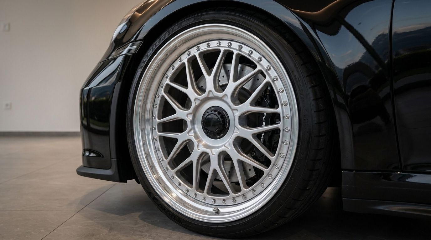 Close-up of the Porsche 911 992 GT3's front wheel, showcasing its silver multi-spoke rim and black brake caliper in Zurich.