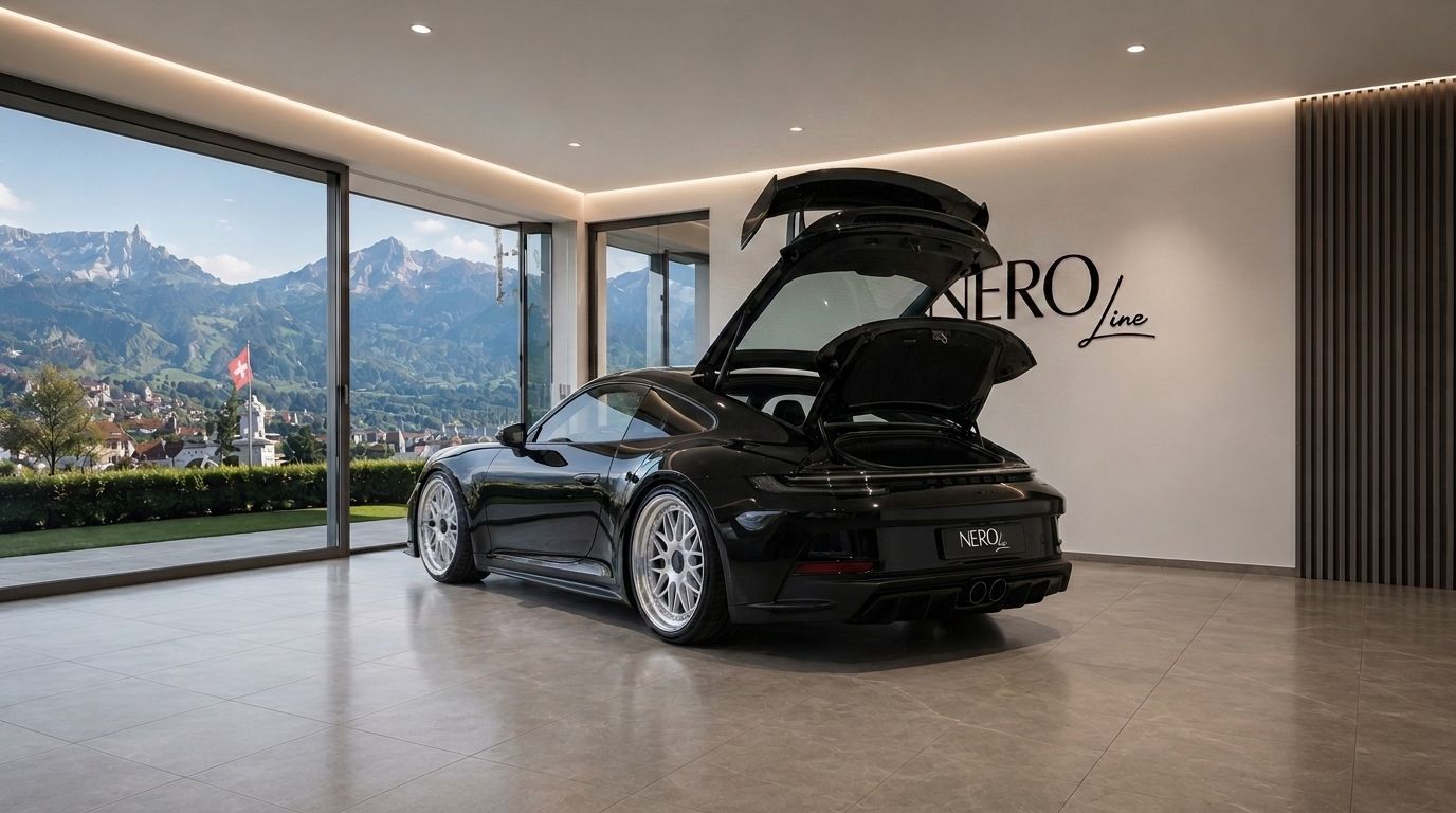 A black Porsche 911 992 GT3 with its engine cover and spoiler open, parked indoors with a panoramic view of Zurich's mountains.