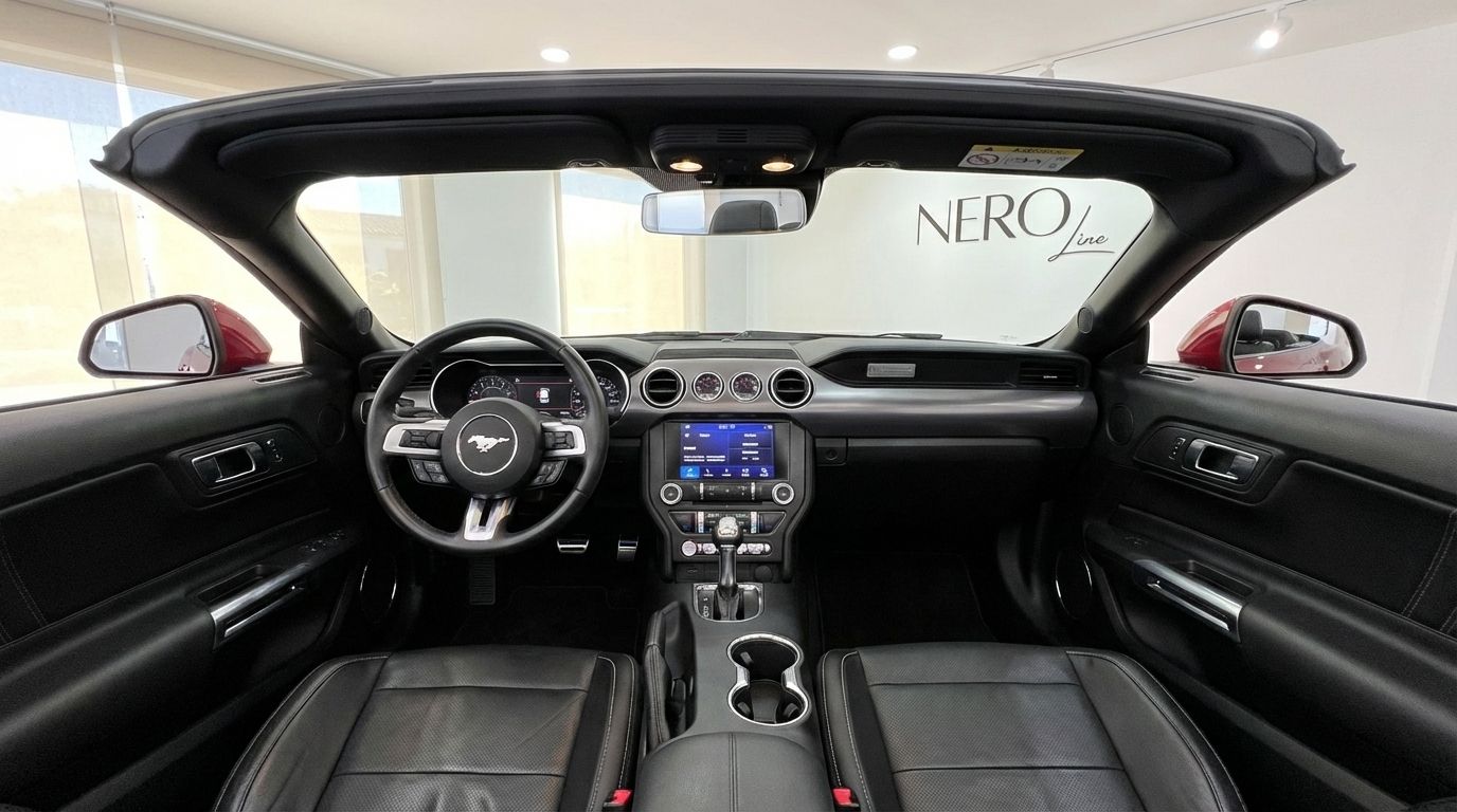 The luxurious black leather interior and dashboard of the Ford Mustang GT Cabrio, featuring the steering wheel and infotainment system, available in Alicante.