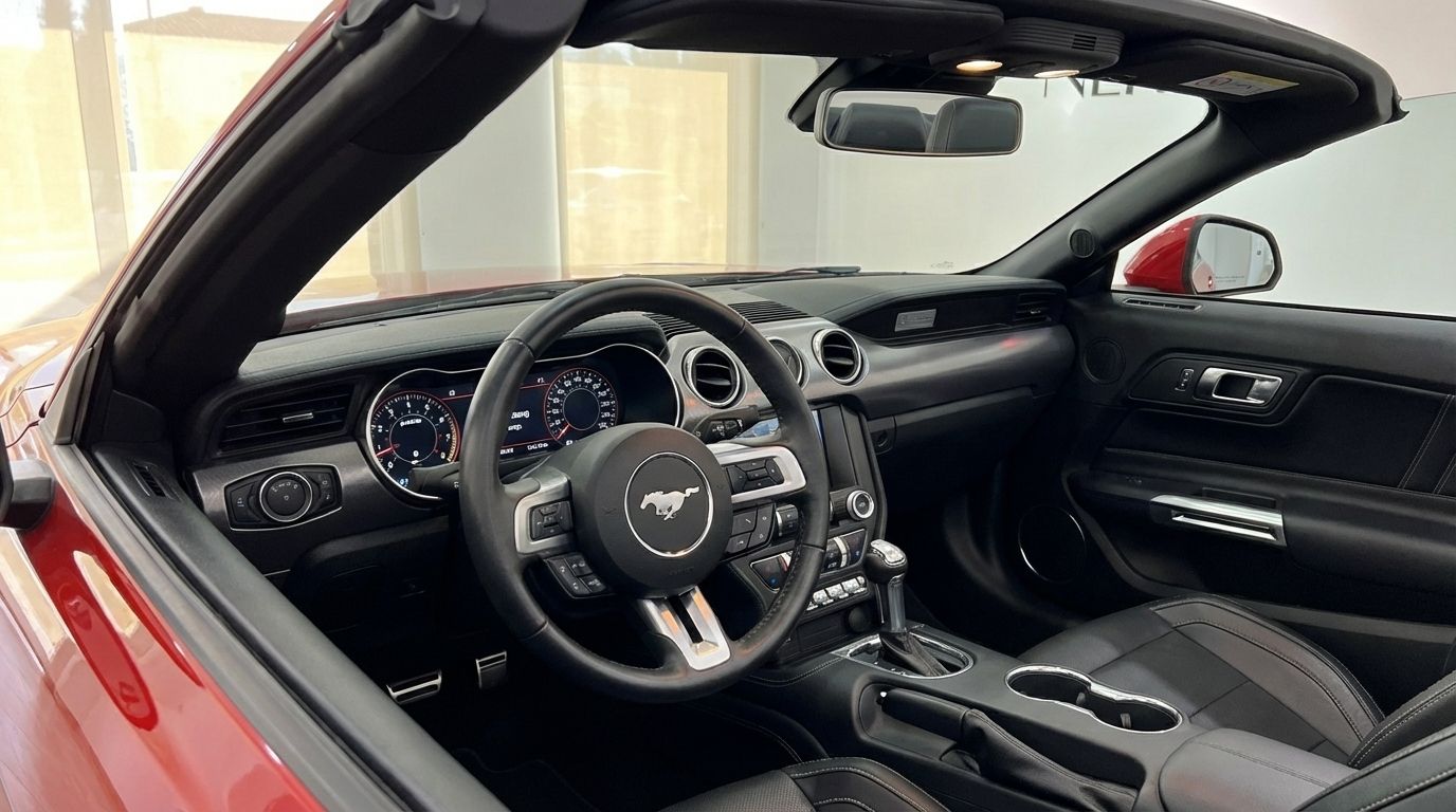 Interior cockpit of the 2022 Ford Mustang GT Cabrio in racing red, with steering wheel, dashboard, and black leather seats in Alicante.