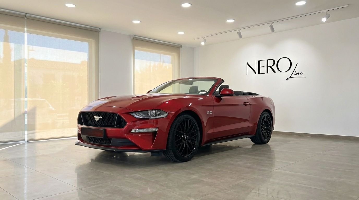 A racing red 2022 Ford Mustang GT Cabrio, seen from the front three-quarter angle with its top down, inside a modern showroom in Alicante.
