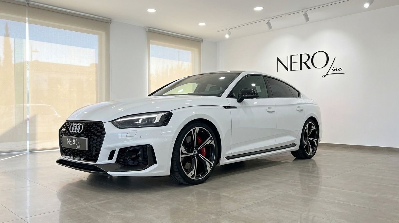 The white Audi RS5 is showcased from a front-three-quarter angle in a modern showroom with the Nero Line logo in Alicante.