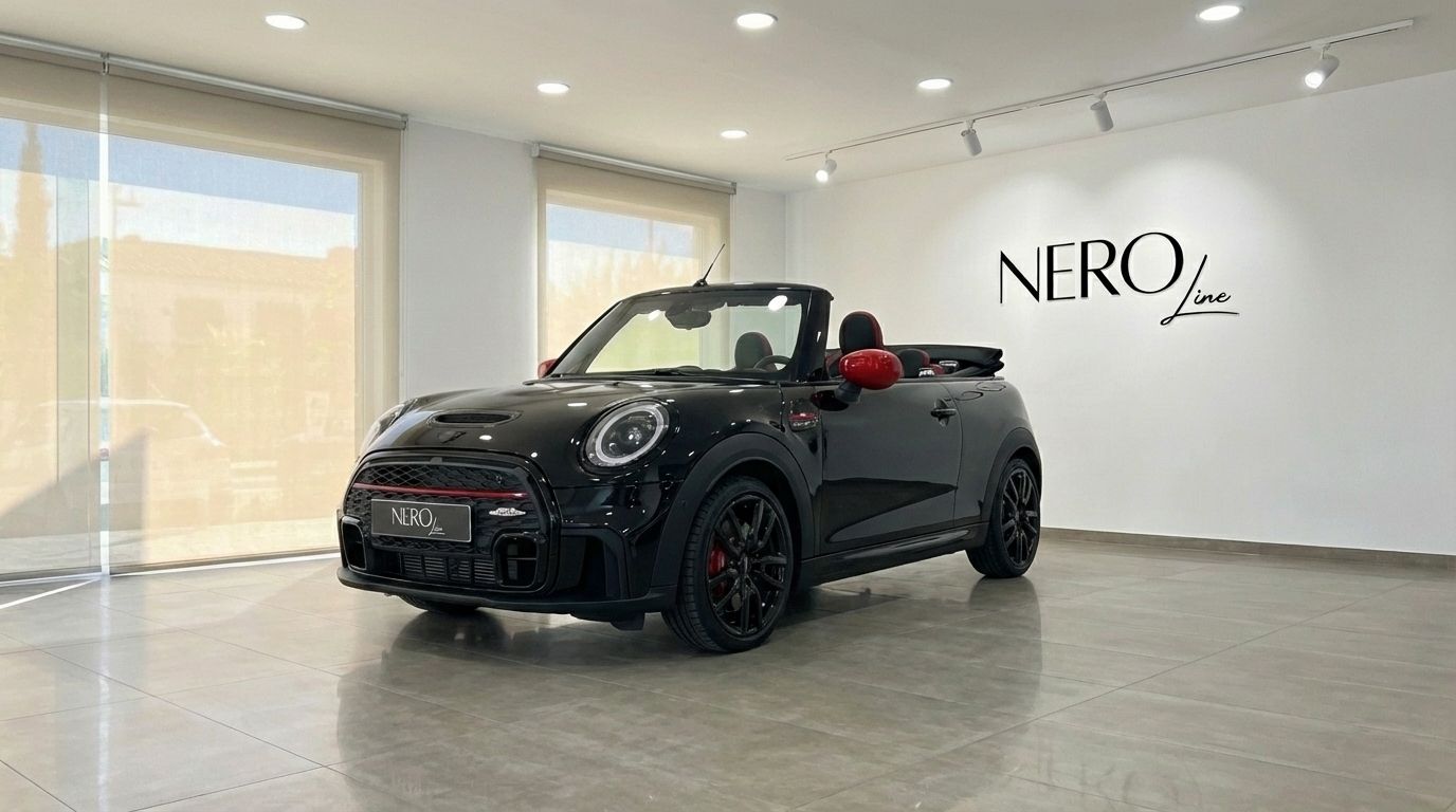 The black 2025 Mini John Cooper Works Cabrio, with its top down and red accents, is showcased in a bright Barcelona showroom.