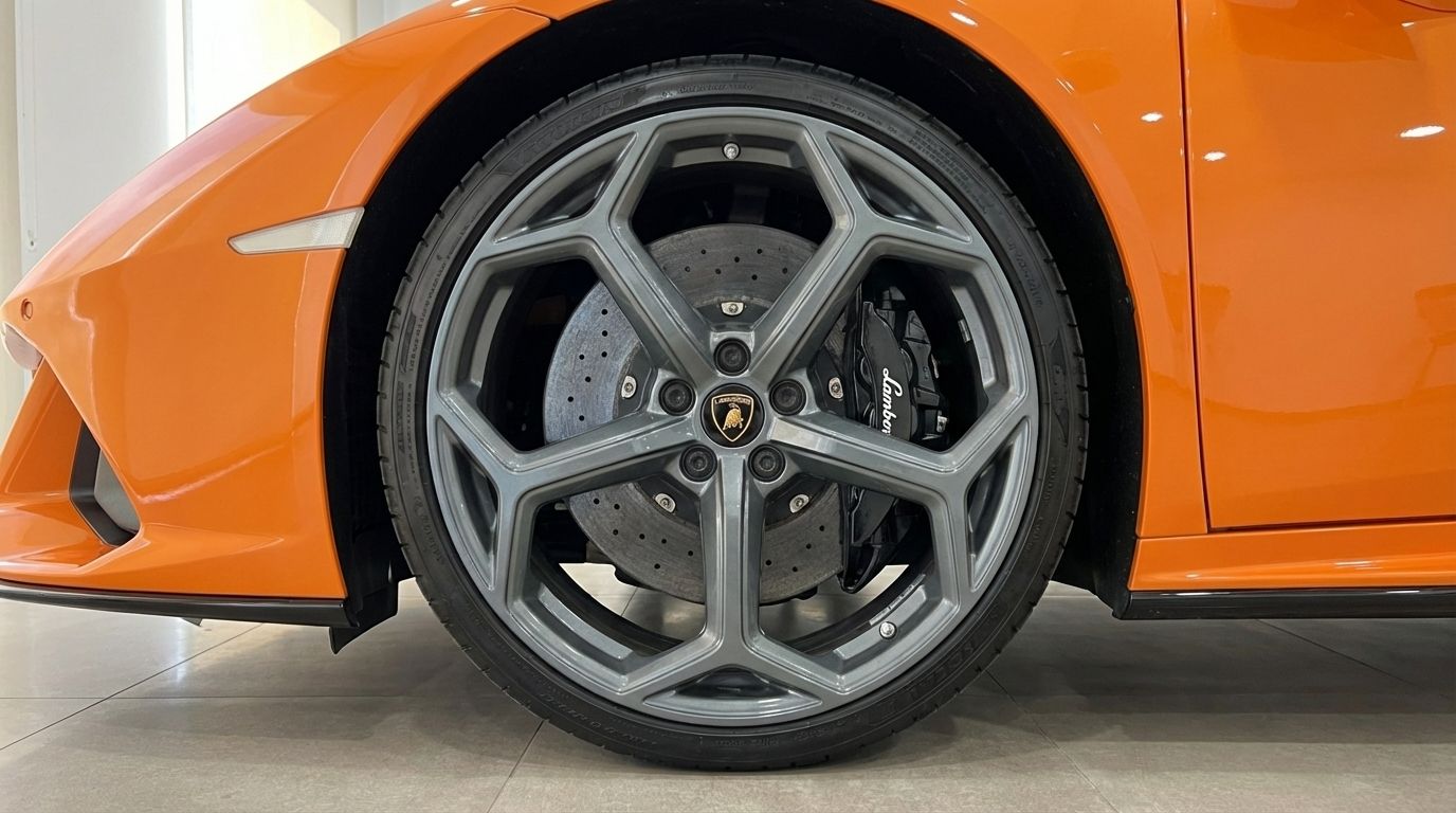 The vibrant orange Lamborghini Huracan Evo Spyder's front wheel and fender, showcasing its grey multi-spoke rim and brake caliper in Malaga.
