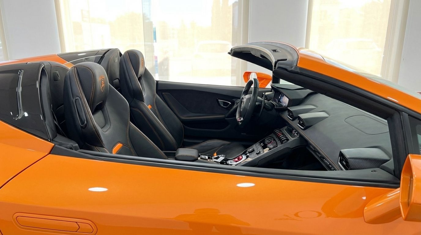 The vibrant orange Lamborghini Huracan Evo Spyder's luxurious black and orange interior, including seats and dashboard, is visible in Malaga.