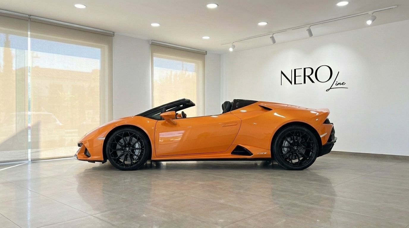 A vibrant orange Lamborghini Huracan Evo Spyder convertible is showcased from its side profile in a bright Malaga showroom.