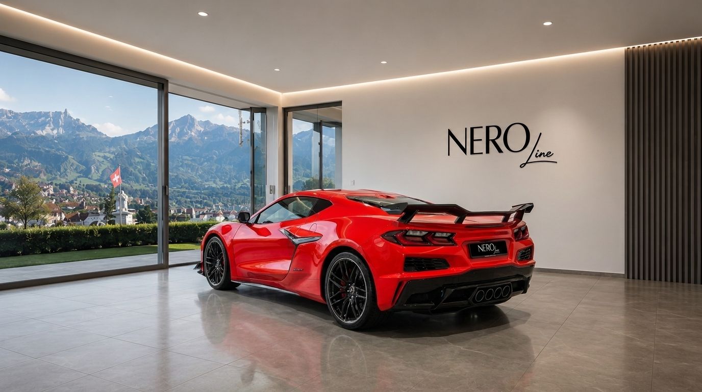 A red Chevrolet Corvette Z06 supercar parked indoors, viewed from the rear three-quarter, with a panoramic mountain view of Zurich.