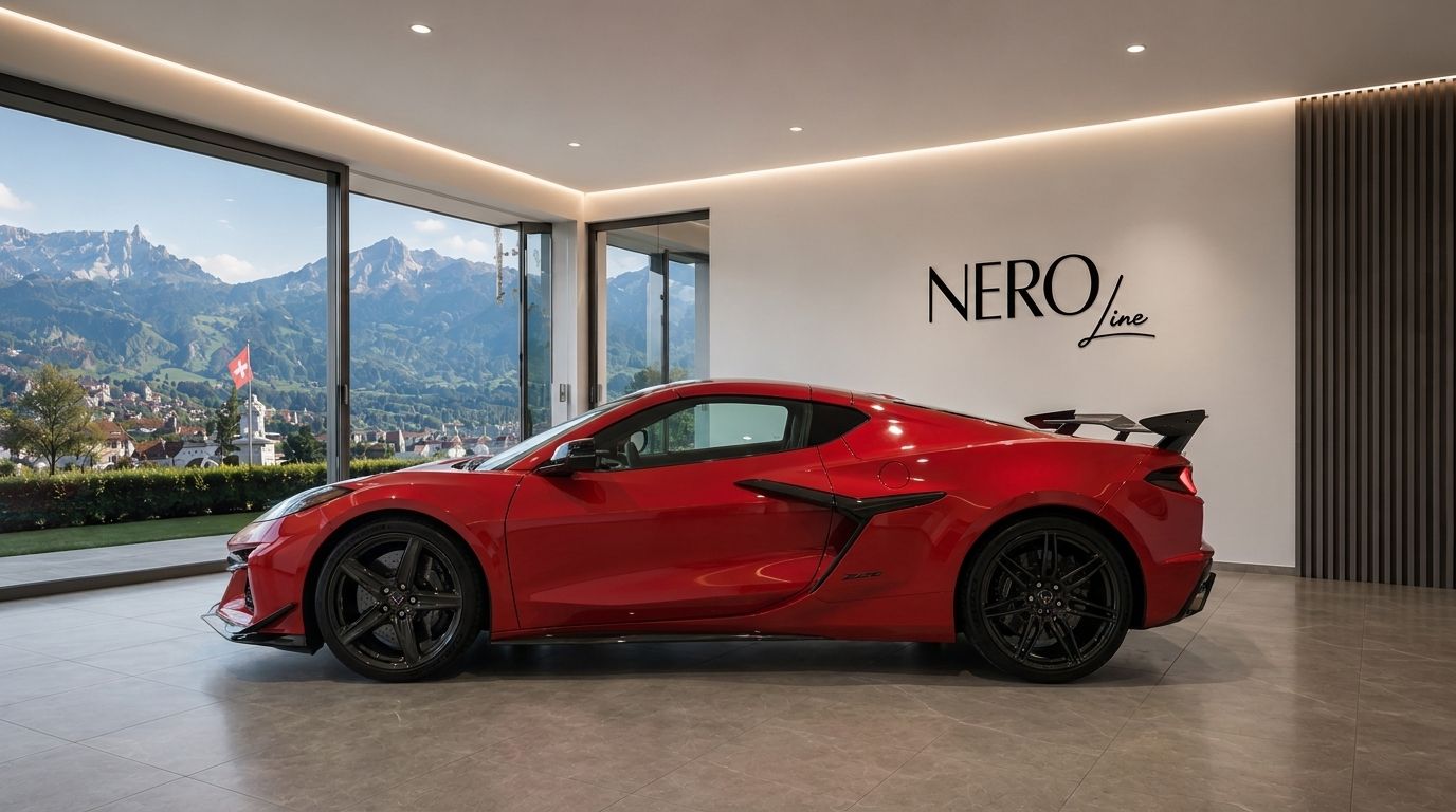A striking red Chevrolet Corvette Z06 is showcased from its side profile in a modern Zurich showroom, featuring a panoramic mountain view.