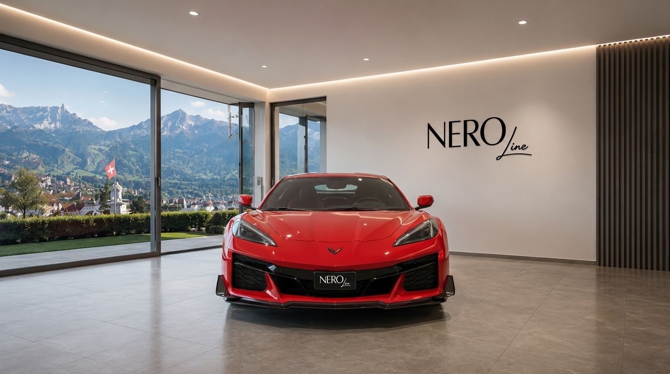 A striking red Chevrolet Corvette Z06 is parked in a modern showroom with a panoramic view of the Zurich mountains.