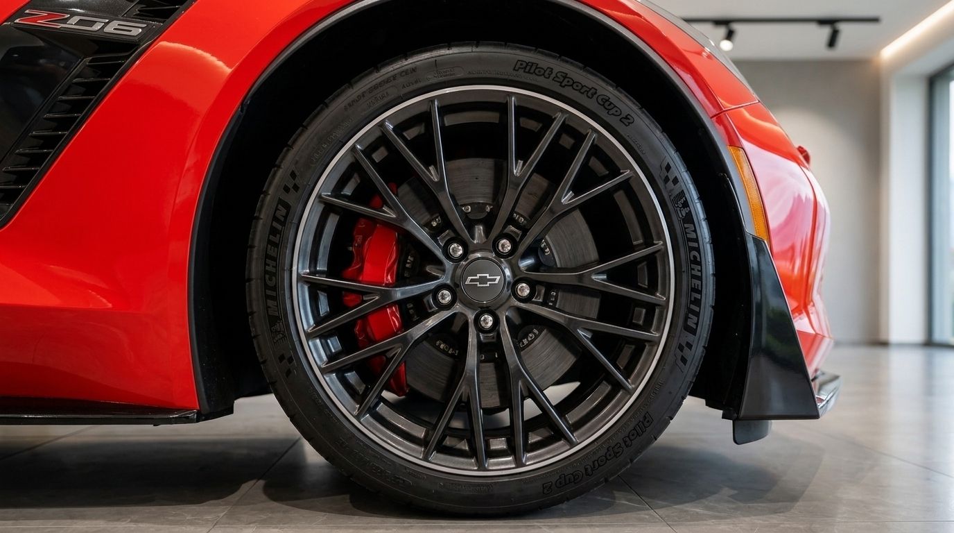 A close-up of the Chevrolet Corvette Z06's front wheel, showcasing the black multi-spoke rim, red brake caliper, and Michelin tire in Zurich.