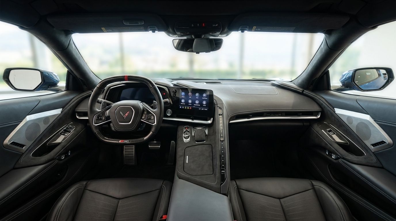 The Chevrolet Corvette Z06's luxurious black leather cockpit features a modern dashboard, steering wheel, and infotainment screen in Zurich.