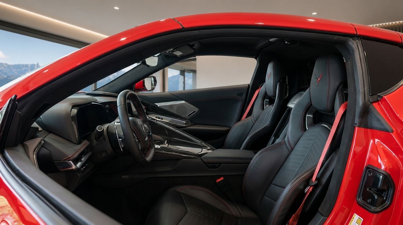 The luxurious black leather interior of the Chevrolet Corvette Z06 with red stitching and seatbelts, seen in Zurich.