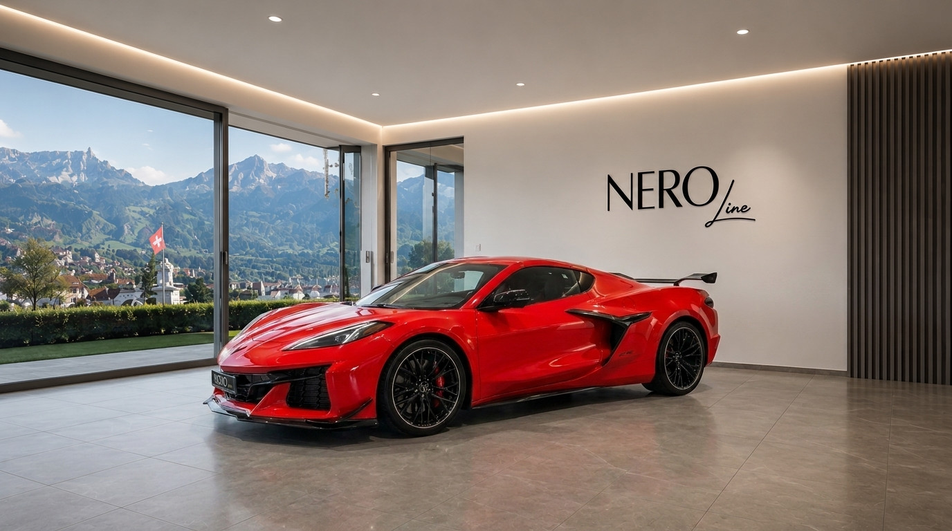 Chevrolet Corvette Z06 – Luxury Supercar in Zurich Red Chevrolet Corvette Z06 supercar parked in a modern showroom with large windows overlooking the mountains of Zurich.