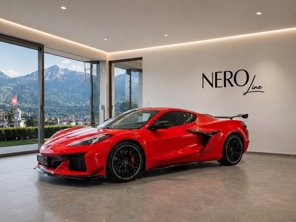 Chevrolet Corvette Z06 – Luxury Supercar in Zurich Red Chevrolet Corvette Z06 supercar parked in a modern showroom with large windows overlooking the mountains of Zurich.