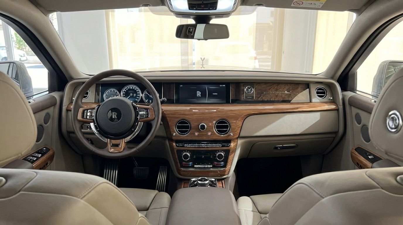 Rolls-Royce Phantom's luxurious interior, featuring the dashboard, steering wheel, and front seats with elegant wood trim in Mallorca.