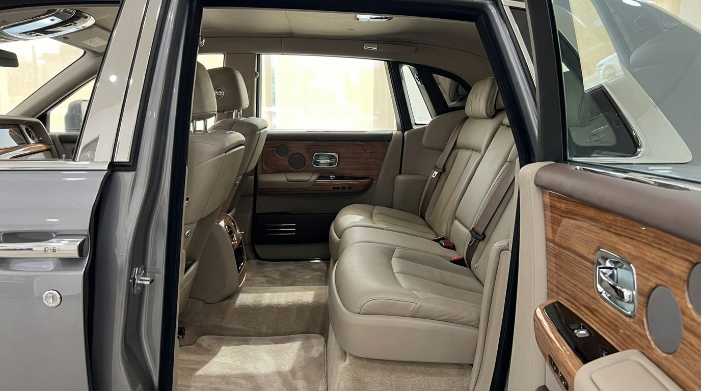 Rolls-Royce Phantom's luxurious rear interior in Mallorca, featuring plush beige leather seats and elegant wooden door panels.
